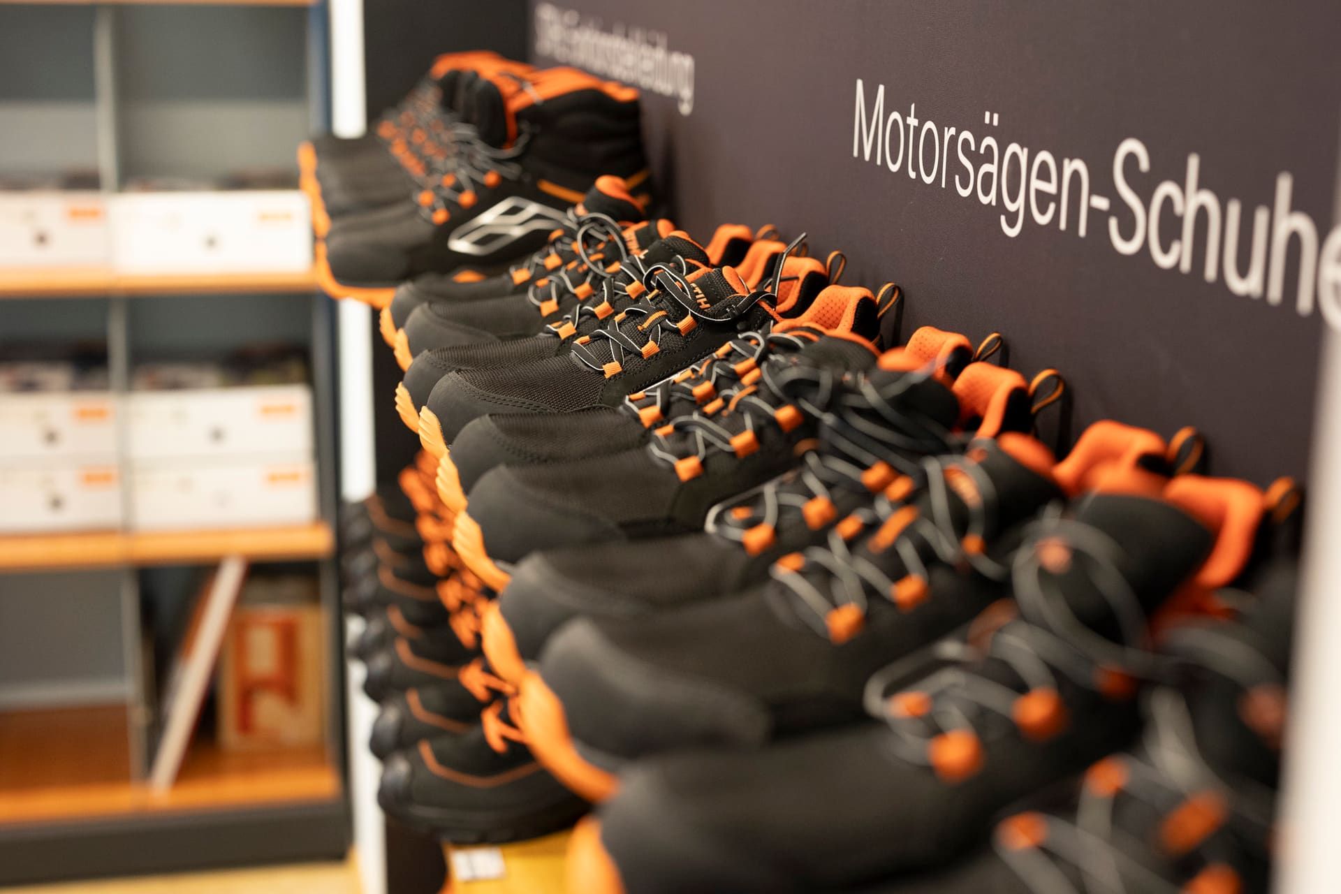 Shelf of chainsaw boots