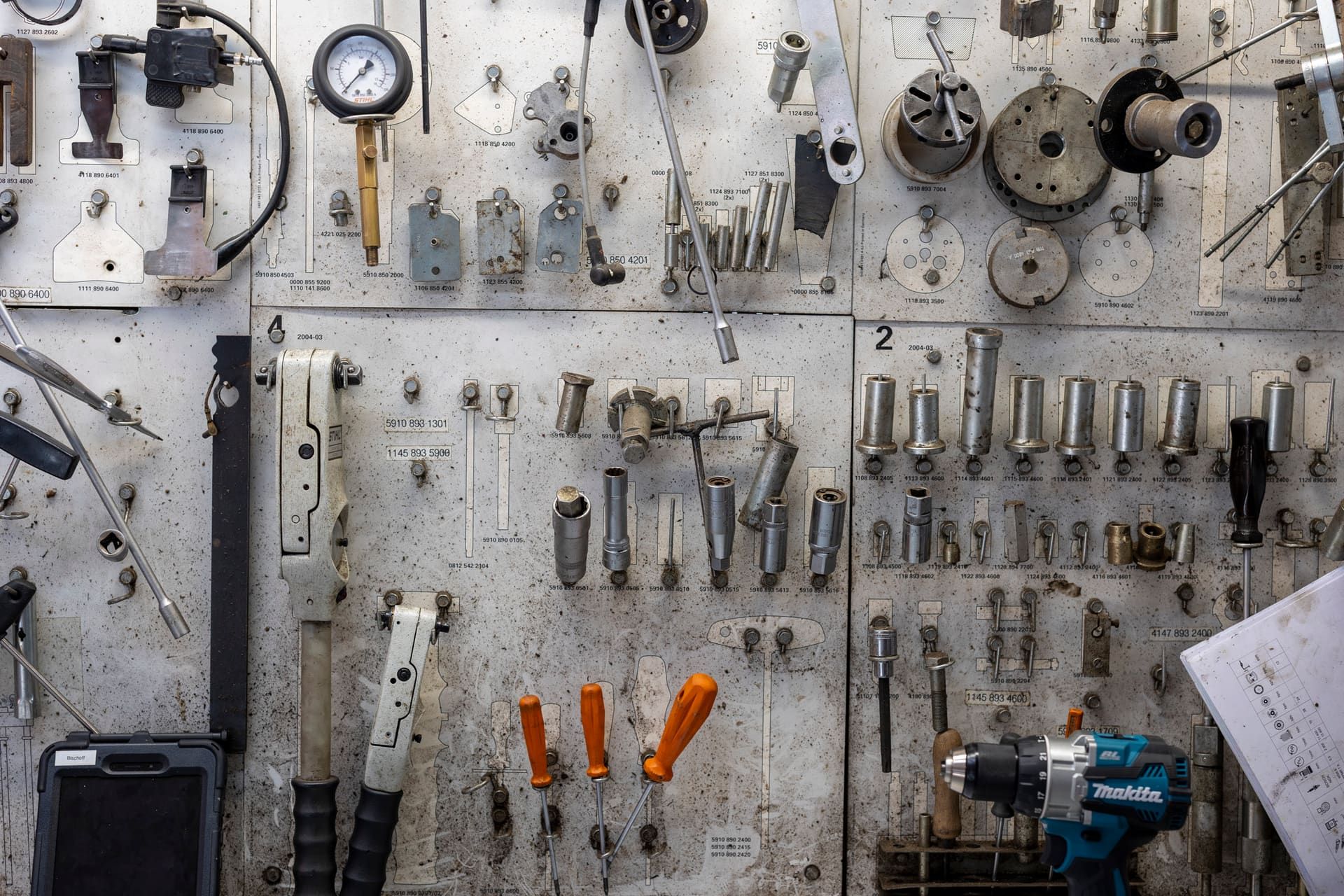 Tool wall with special tools in the workshop