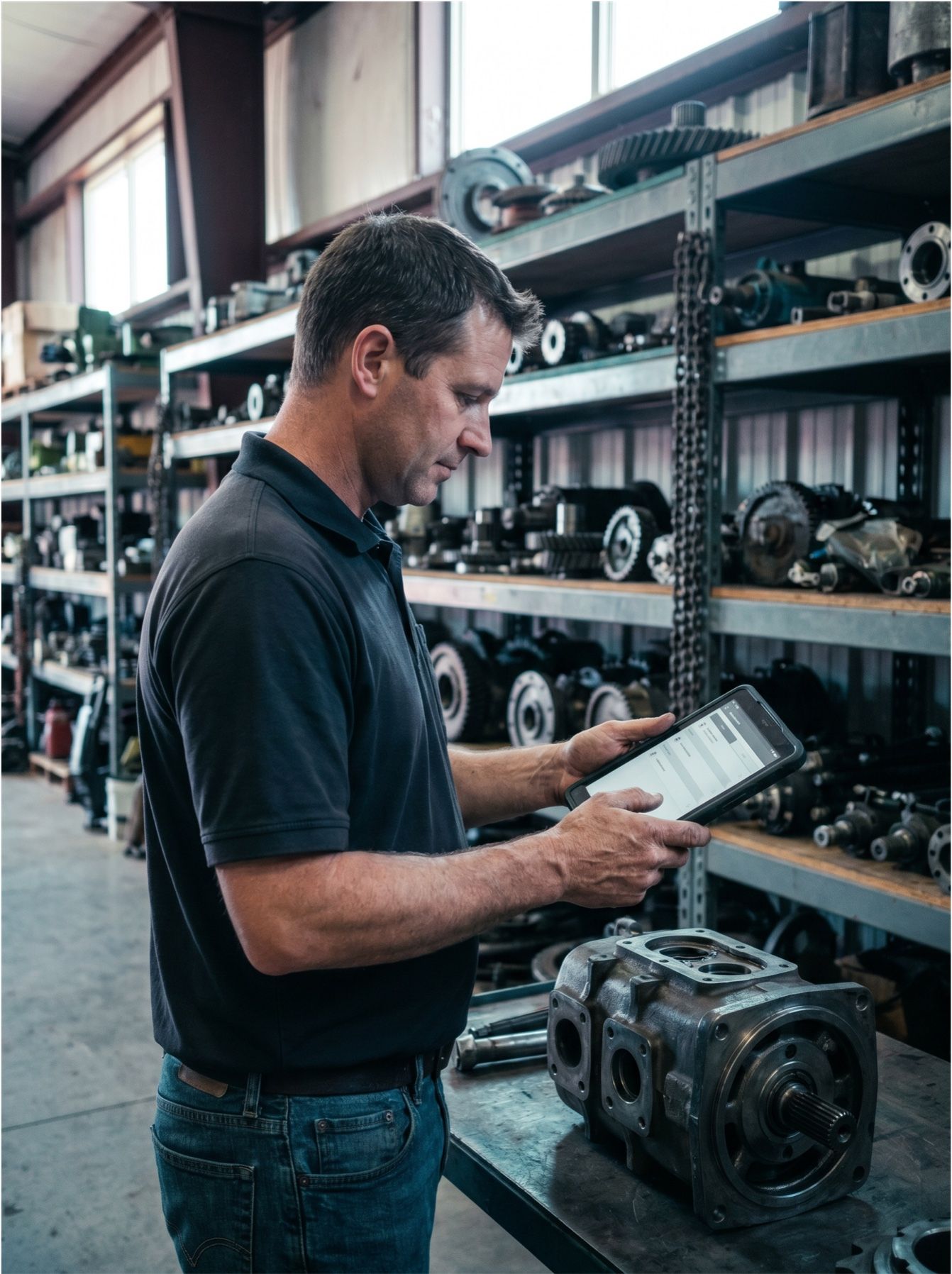 Ersatzteil-Spezialist scannt ein Bauteil im Lager