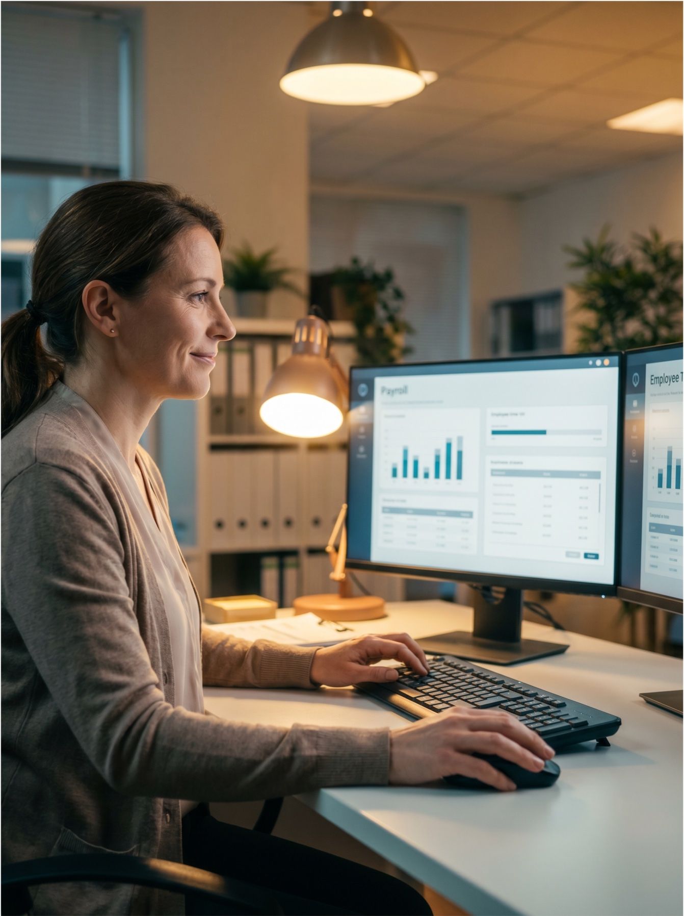 Payroll clerk reviewing time data on screen