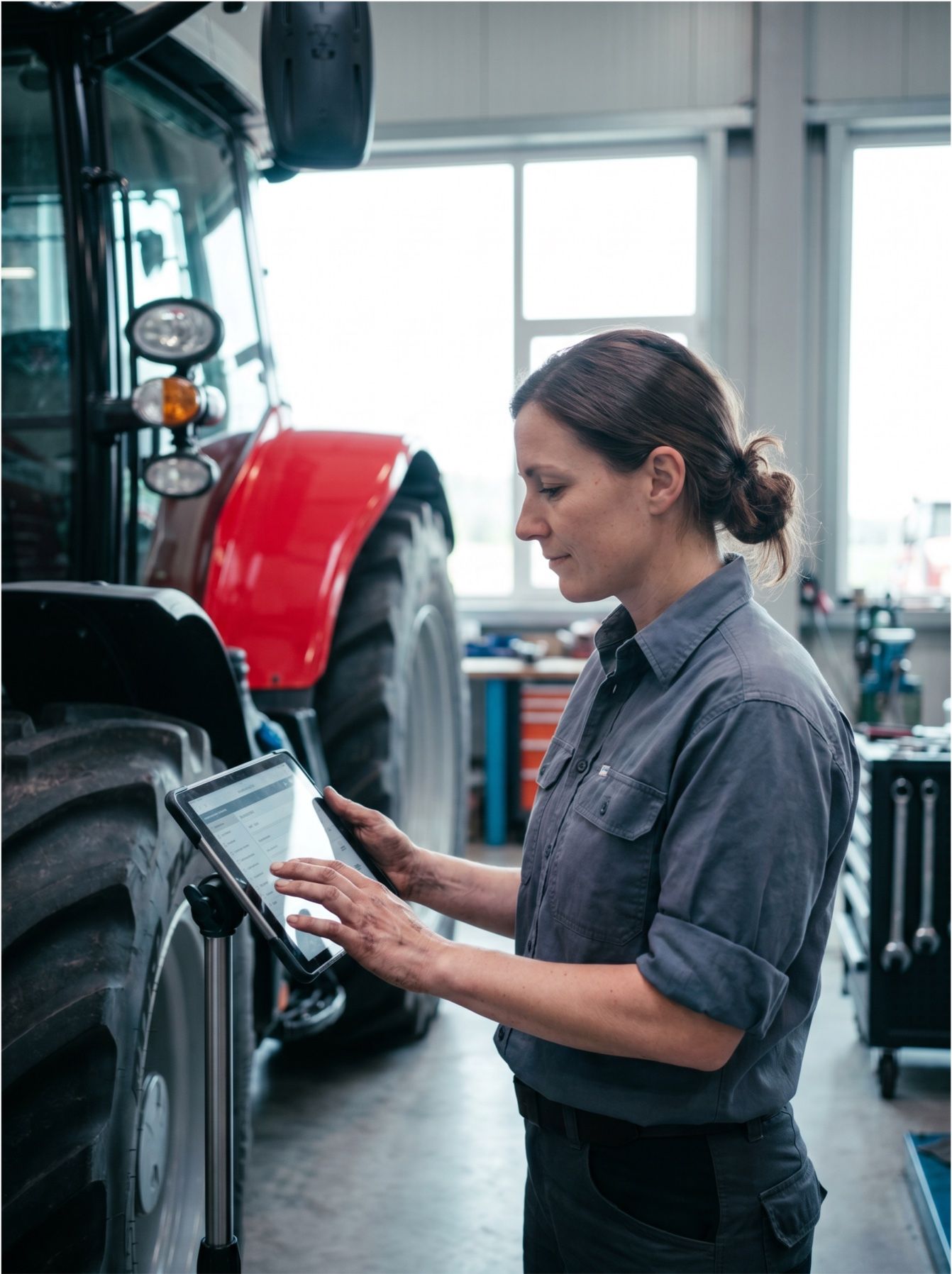 Mechanikerin prüft die digitale Checkliste am Traktor