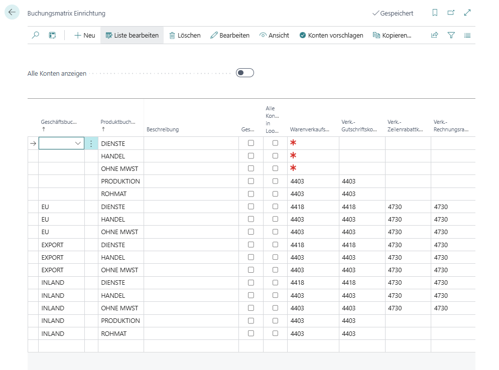 Buchungsmatrix Einrichtung in Business Central