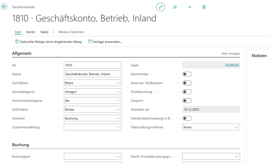 Sachkontokarte 1810 mit Direktbuchung-Einstellung