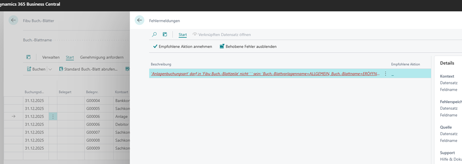 Fehlermeldung bei Anlagenbuchung im Fibu Buch.-Blatt