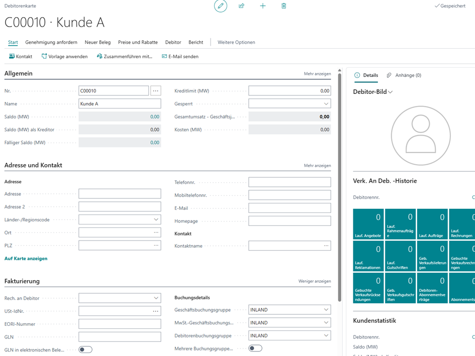 Debitorenkarte Kunde A vor Buchung