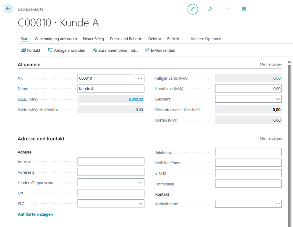 Debitorenkarte Kunde A nach Buchung