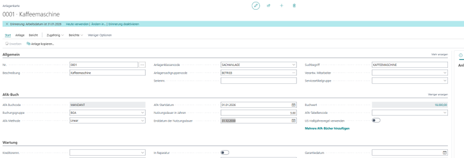 Anlagenkarte mit AfA-Startdatum und Nutzungsdauer