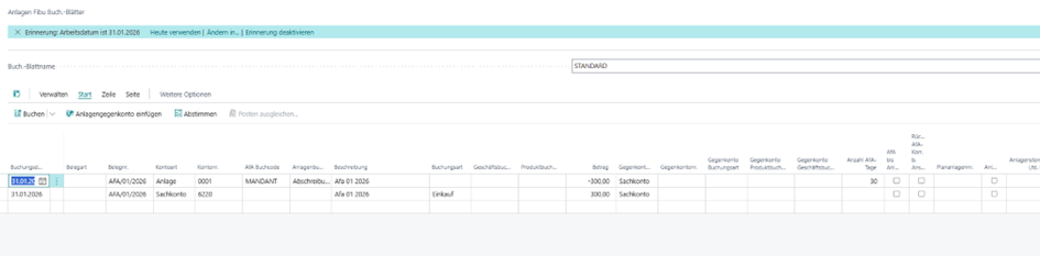 AfA-Buchungssatz im Anlagen Fibu Buch.-Blatt