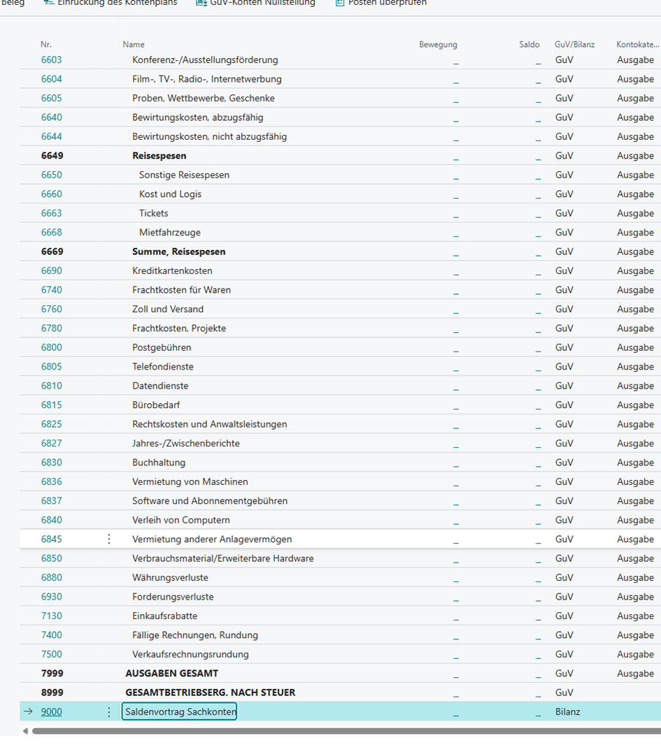 Kontenplan mit Saldenvortragskonto
