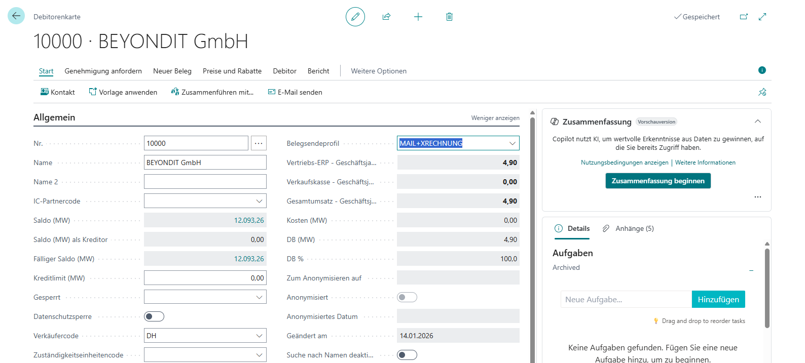 Debitorenkarte mit Belegsendeprofil MAIL+XRECHNUNG