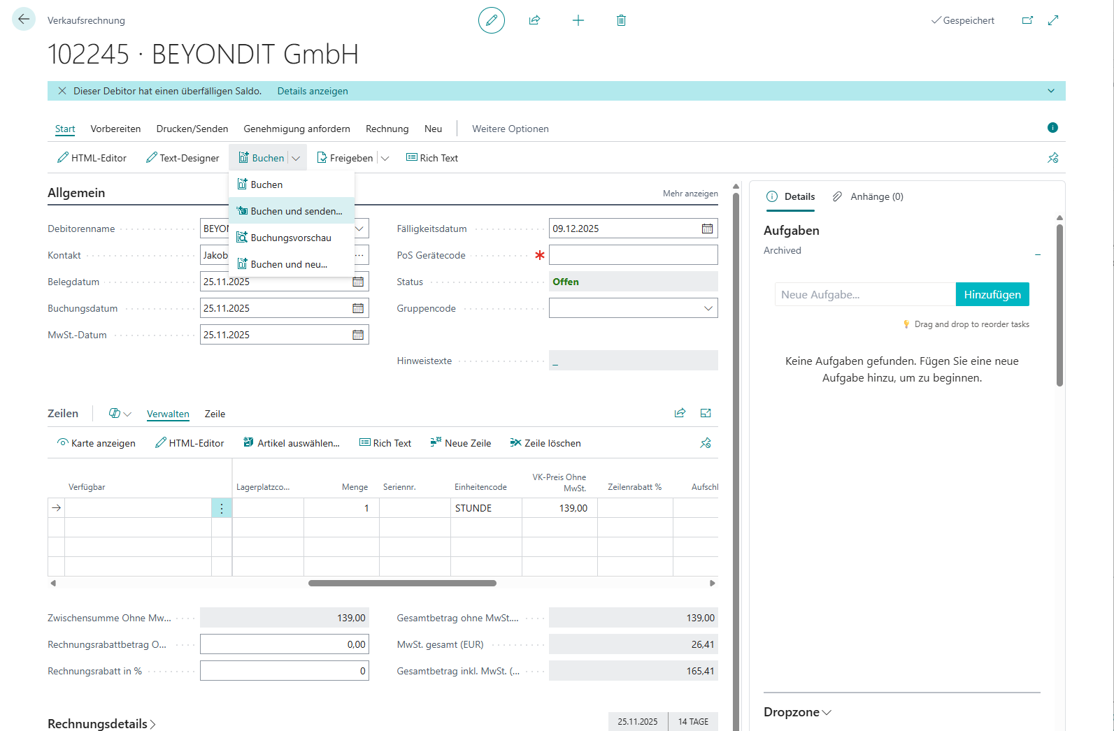 Verkaufsrechnung mit Buchen und Senden Menü