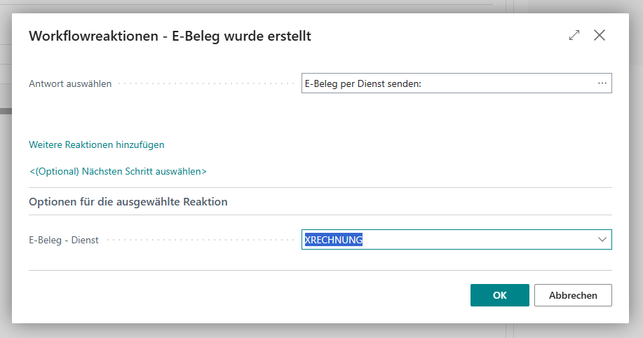 Workflowreaktionen Dialog - E-Beleg-Dienst auswählen
