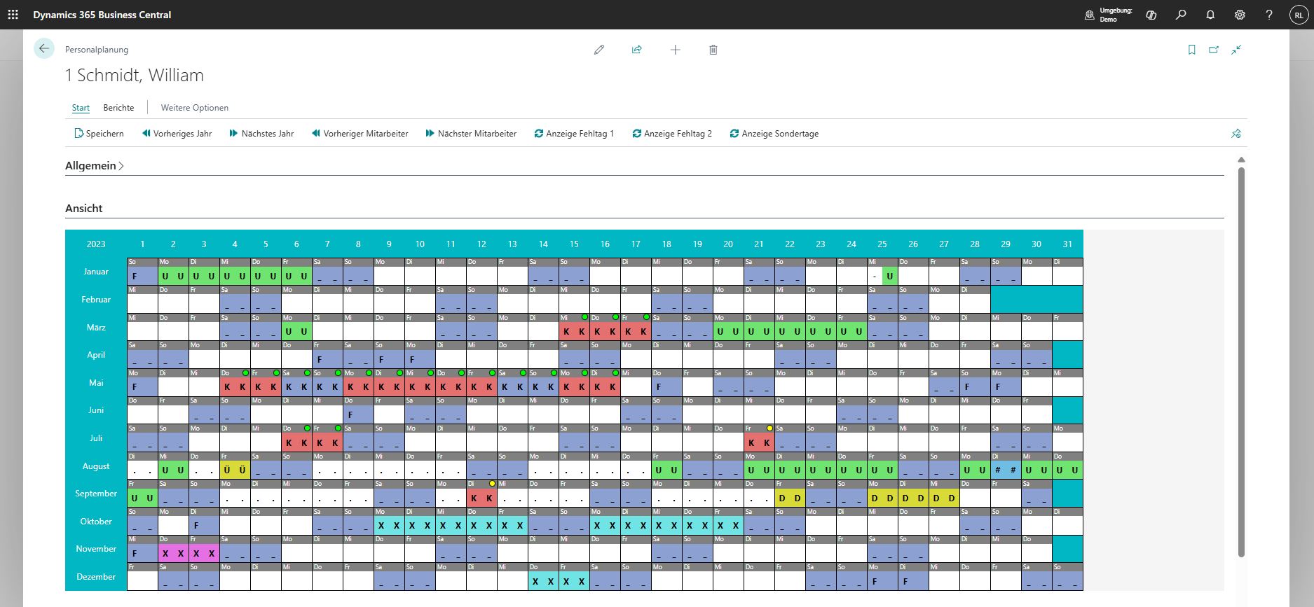 Workforce planning with an annual view of vacation, sick leave, and assignments