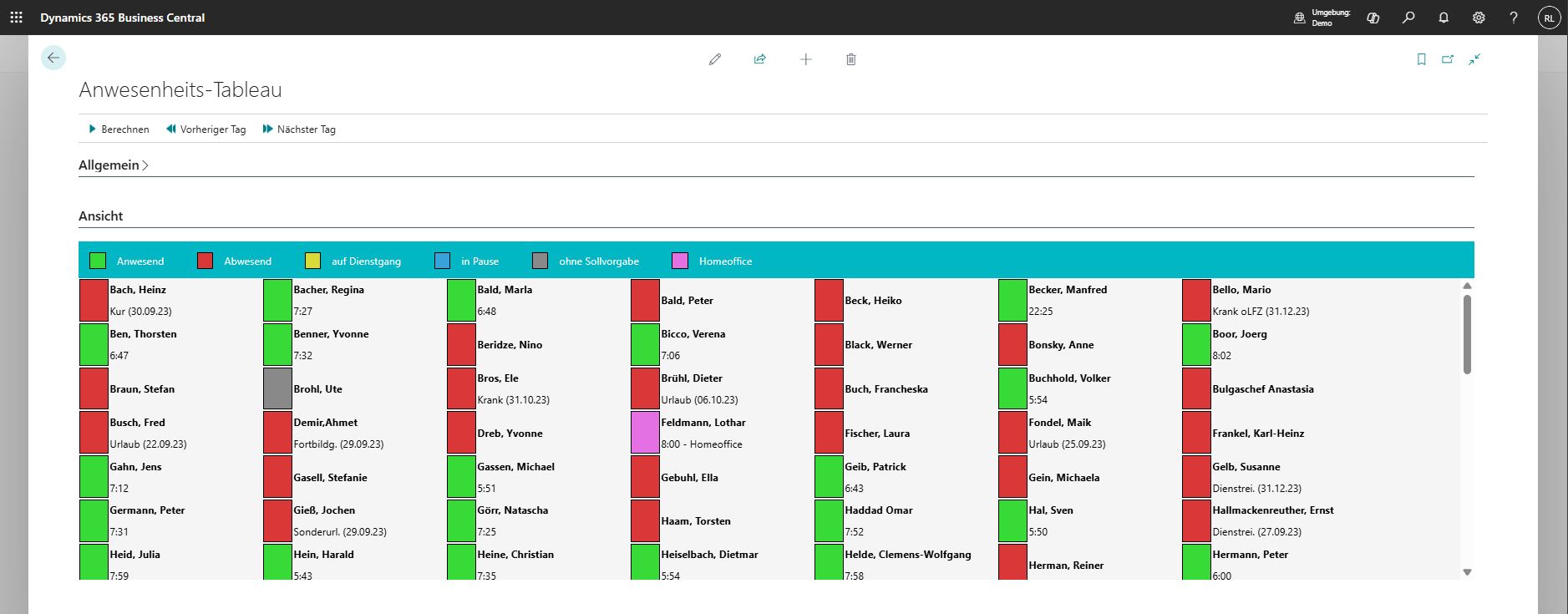 Attendance board with real-time status: present, absent, on a duty trip, or on break