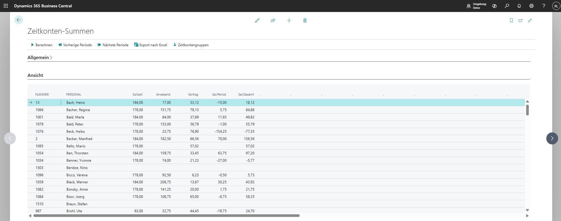 Time-account totals with target, attendance, vacation, and balance values per employee