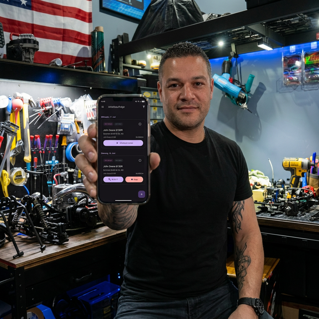 Service technician in the workshop showing the BEYONDIT mobile service-order app on a smartphone