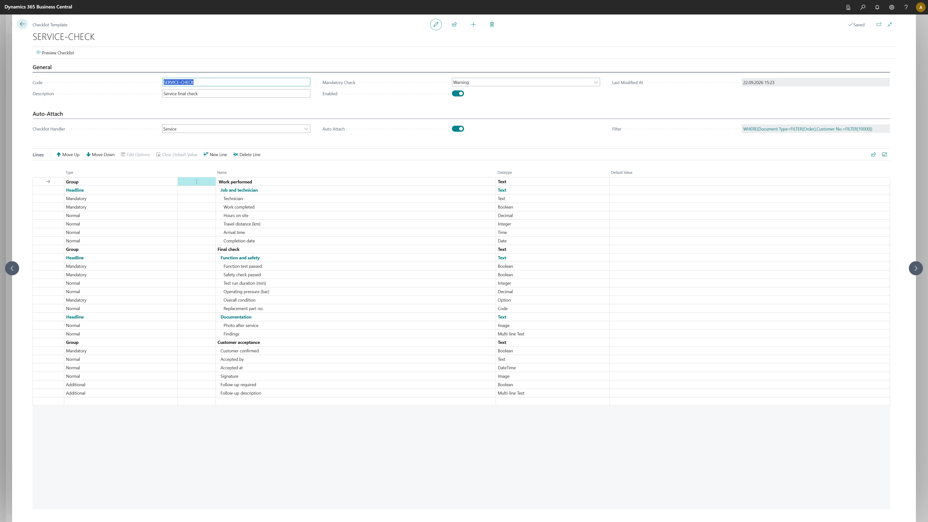 Checklist template SERVICE-CHECK with the Service handler for final check, function and safety testing, and customer acceptance