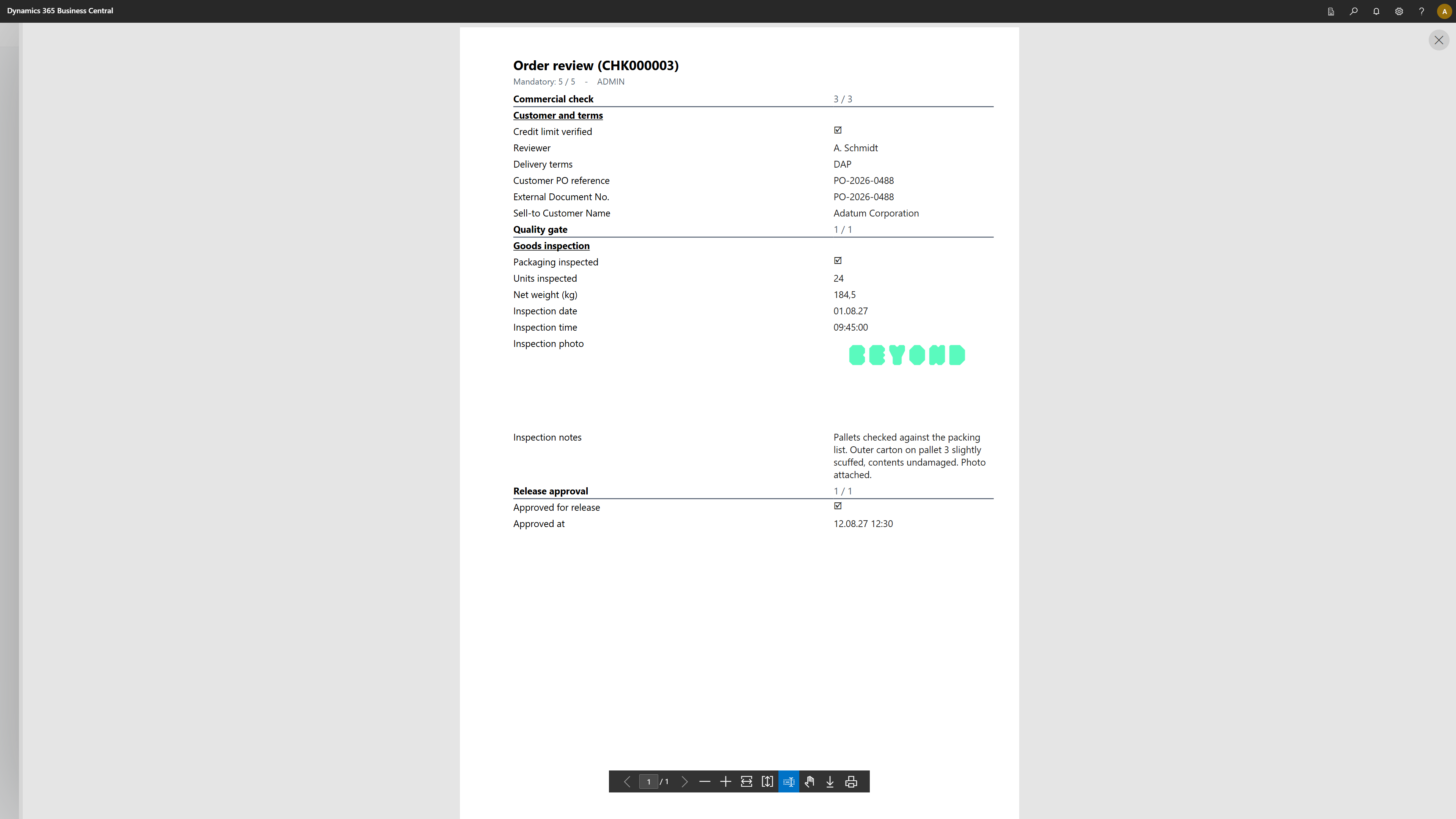 Printed checklist as an inspection report with all captured values and mandatory fields