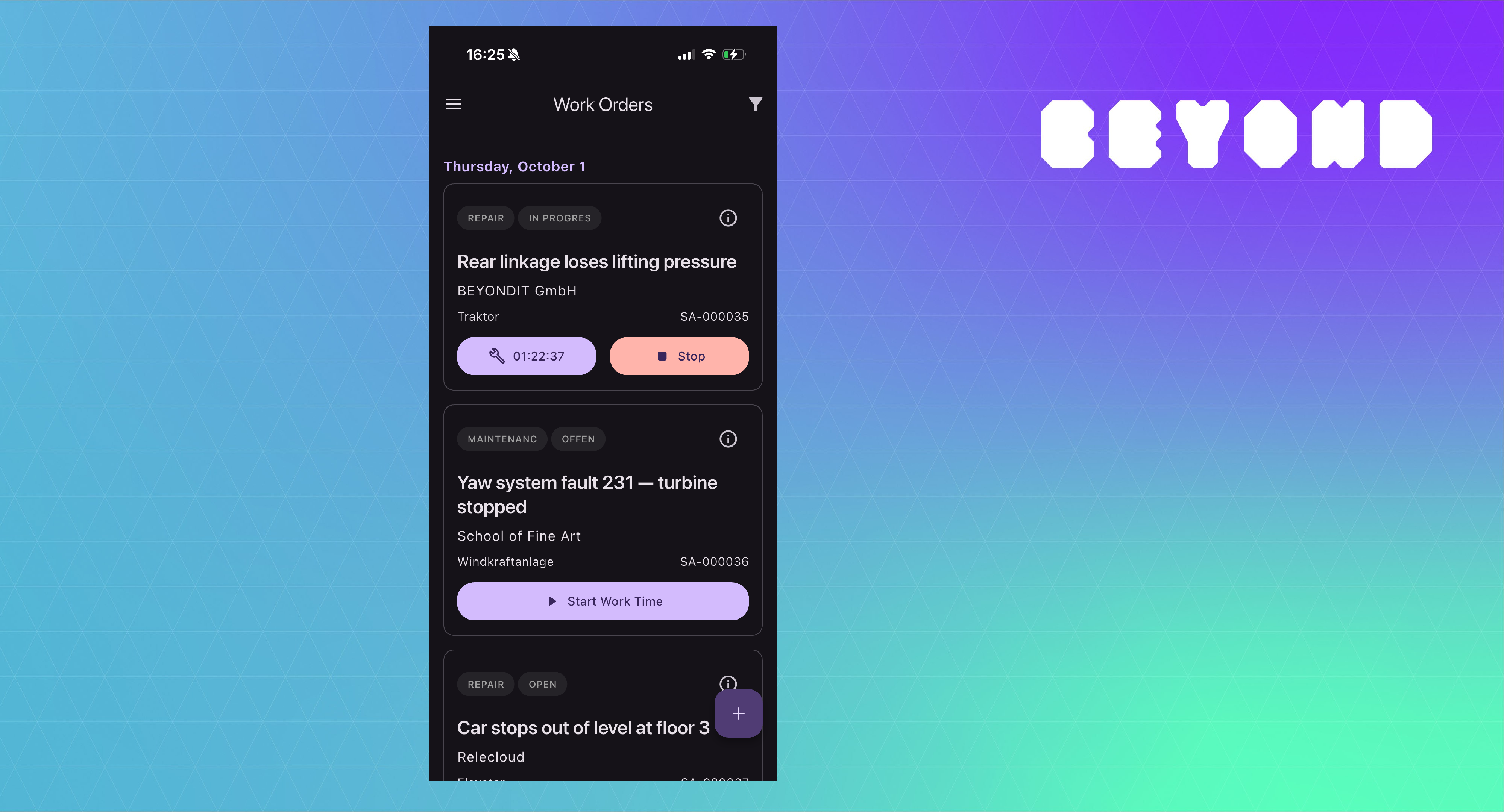 Auftragsliste in der Beyond Mobile Service App mit Statuskennzeichnung, laufender Arbeitszeit und Button zum Starten der Zeiterfassung