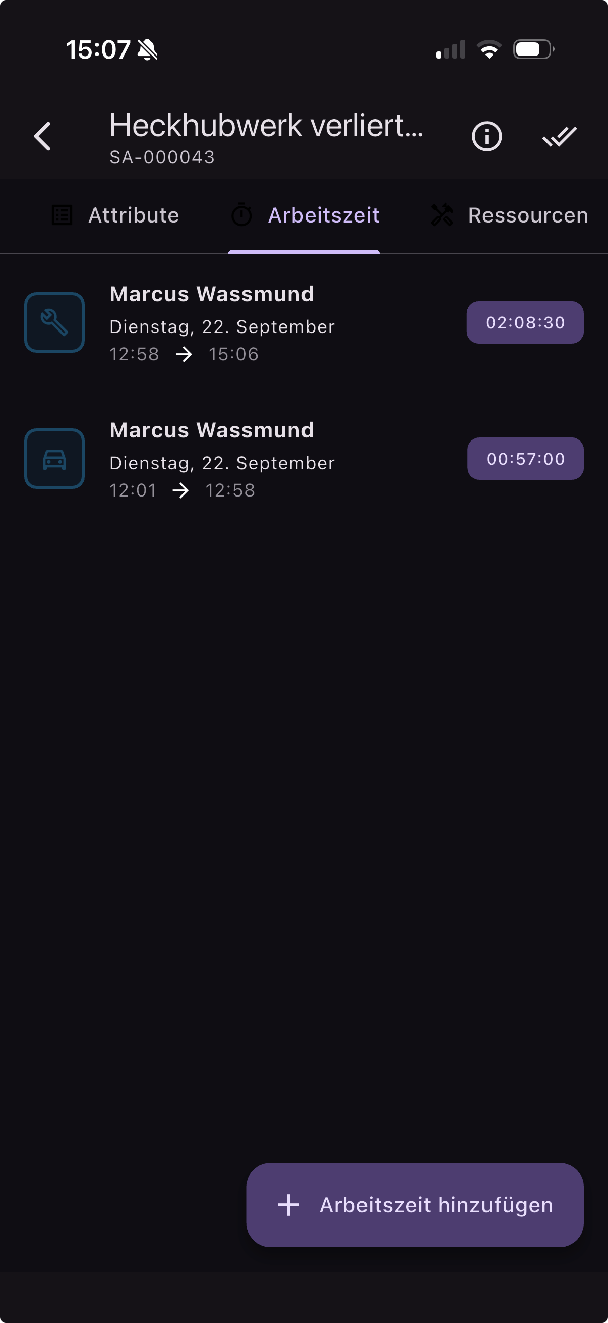 Arbeits- und Fahrzeiterfassung in der App mit einzelnen Zeitbuchungen für Werkzeit und Fahrzeit