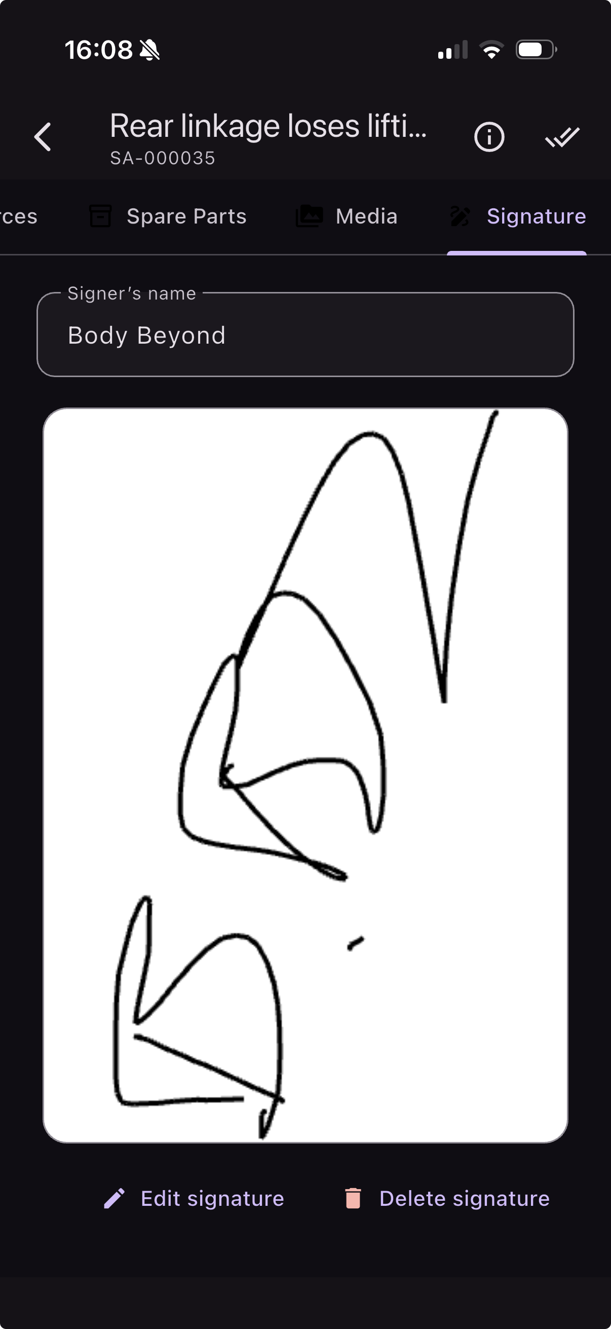 Customer signing off the completed work order with a finger on the smartphone