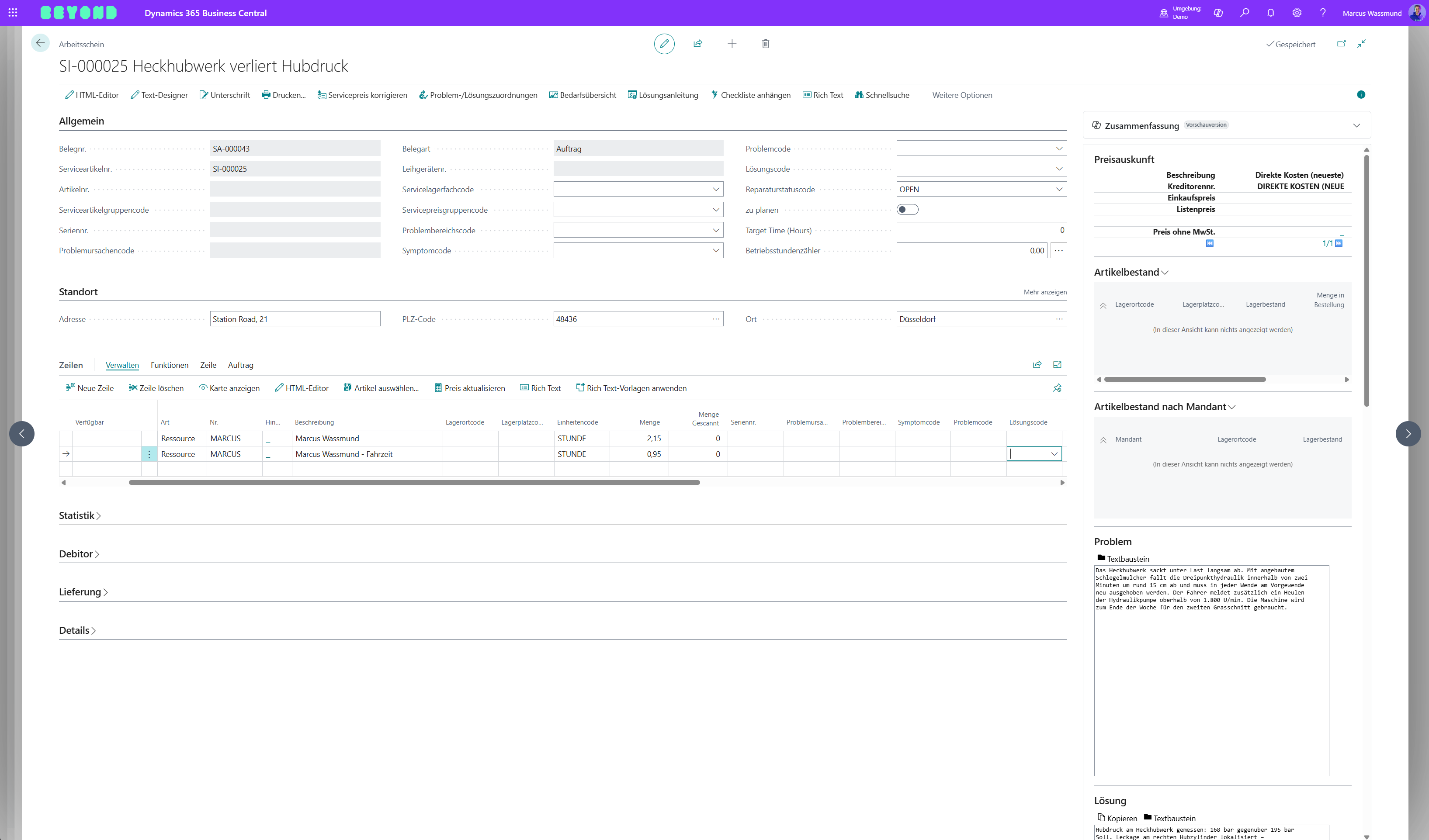 Arbeits- und Fahrzeiten aus der App neben dem passenden Service-Arbeitsblatt in Business Central