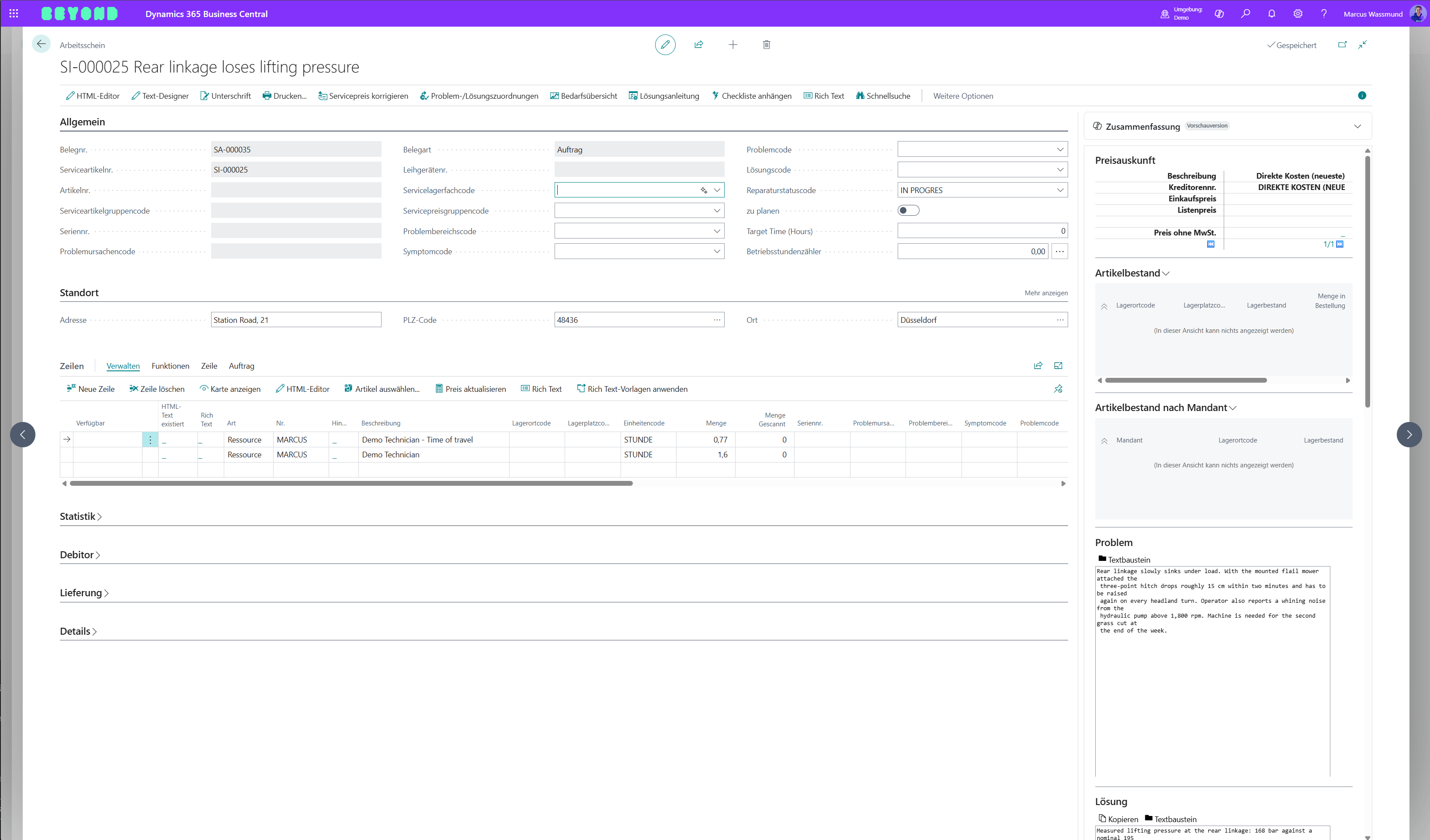 Work and travel times from the app next to the matching service worksheet in Business Central