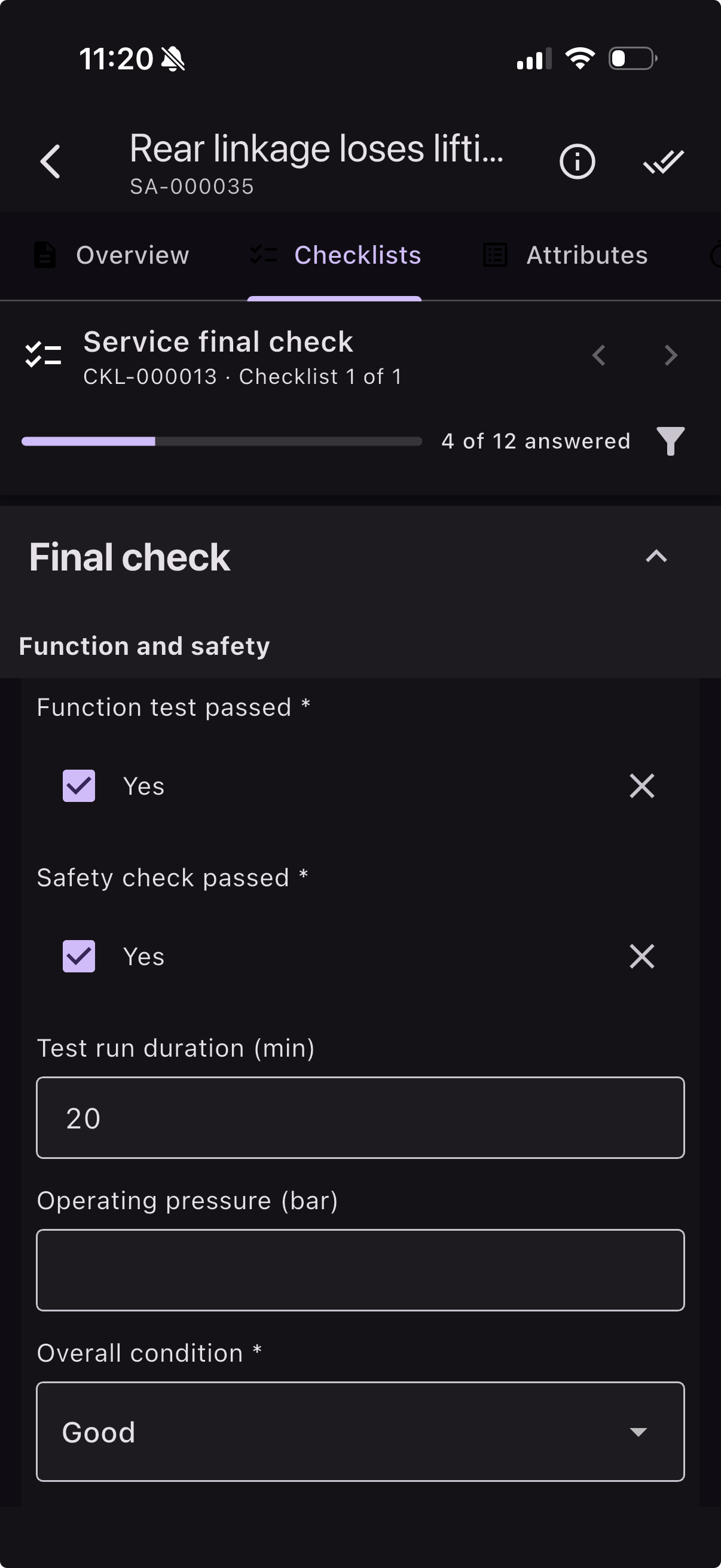 Service final check checklist in the app with progress bar and check items for function, safety and overall condition