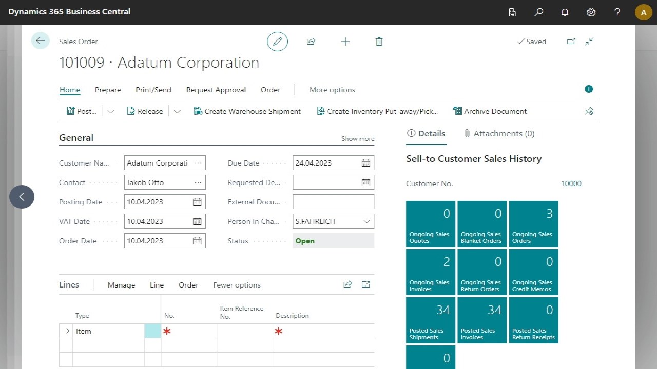 Person in Charge im Verkaufsauftrag