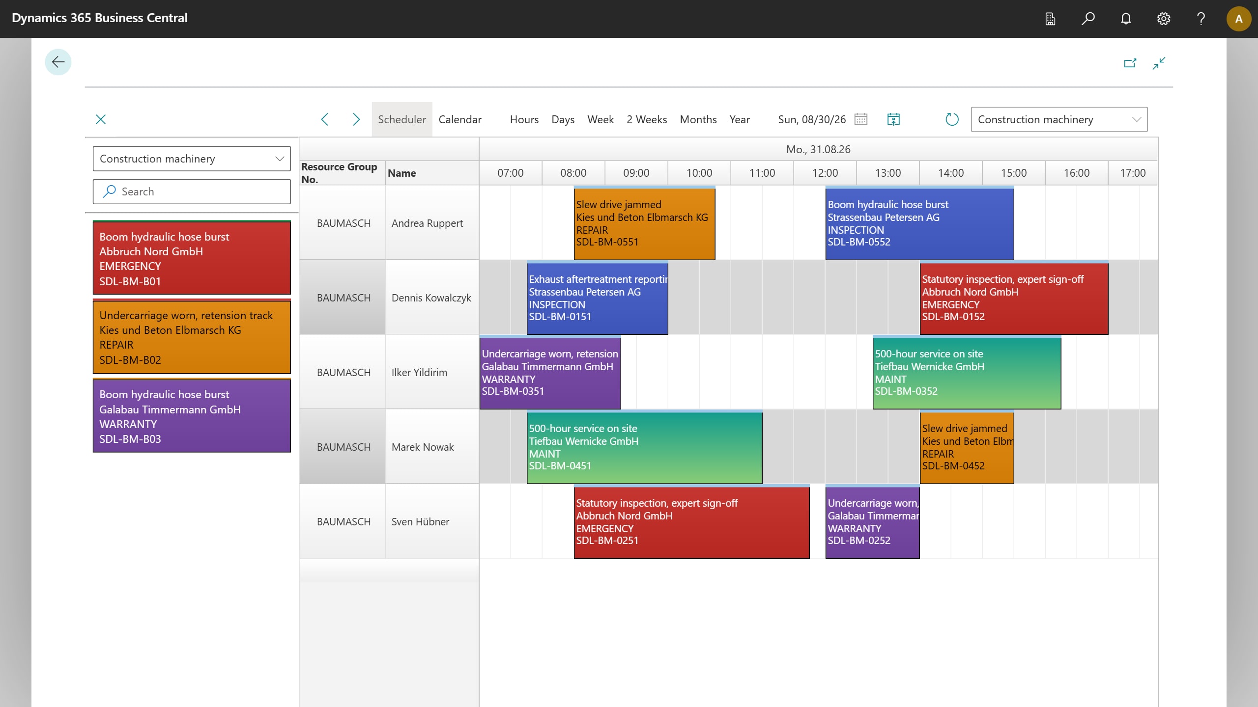 Planning board in day view: a week of the construction machinery technicians, day by day