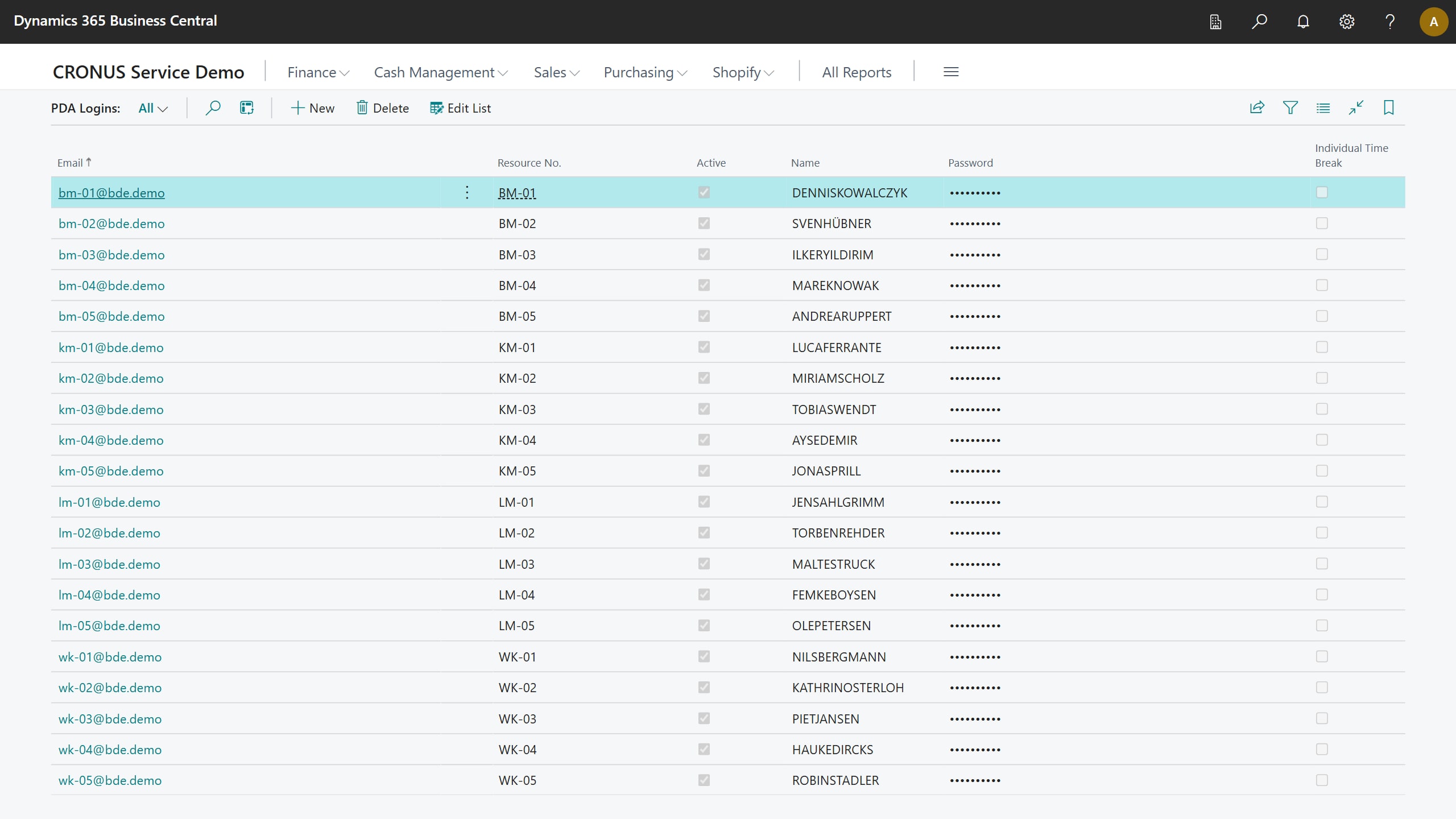 PDA logins: one terminal account per technician, each with its own PIN
